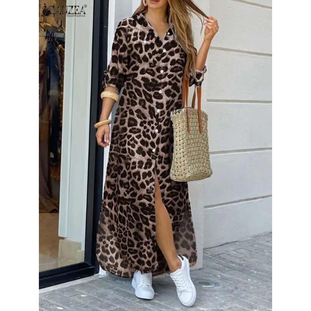 Vestido Longo de Botões Leopardo